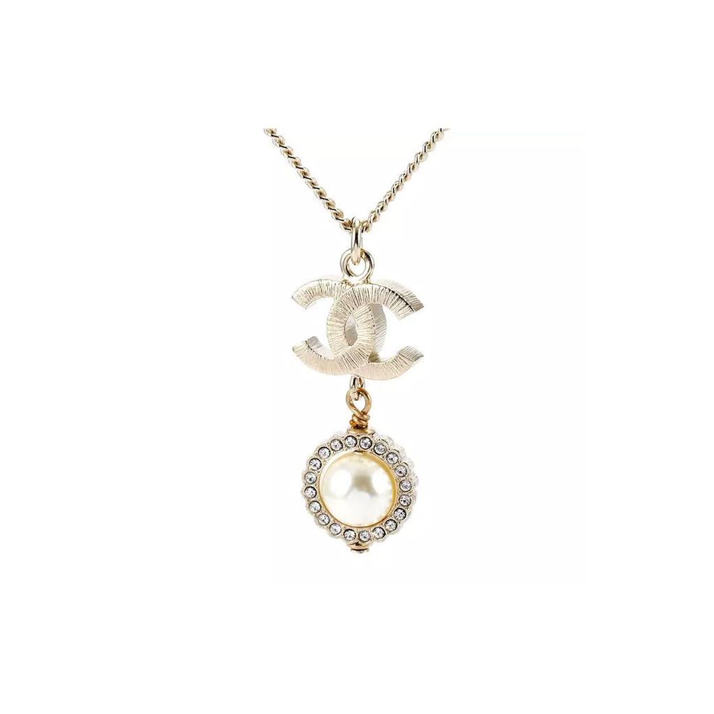 Chanel Double C Light Gold Small Double C Pearl Water Diamond Pendant Necklace Women Necklace AB2302Y47806