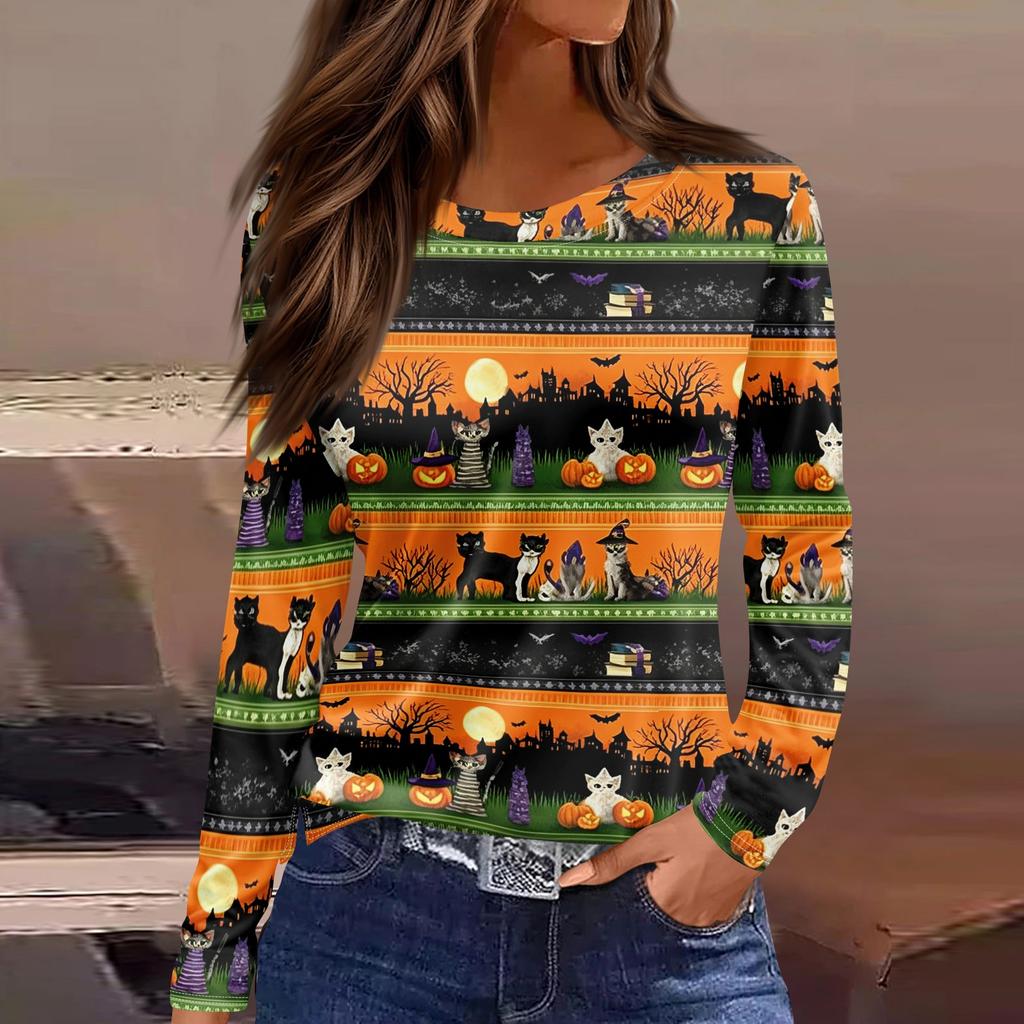 Women's Fashion Long Sleeve Neck Top with Hem Slit Halloween Print for Party