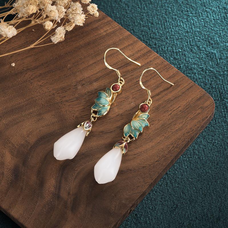 Cloisonné Magnolia Earrings with Gold-Plated Copper and Imitation Hetian Jade in Retro Court Style