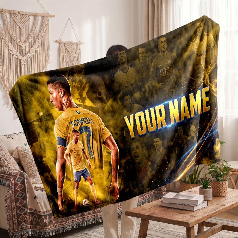 Coperta Personalizzata in Pile Cristiano Ronaldo con Logo Calcio, Testo Nome Personalizzato Morbida Calda Coperta da Divano per la Casa