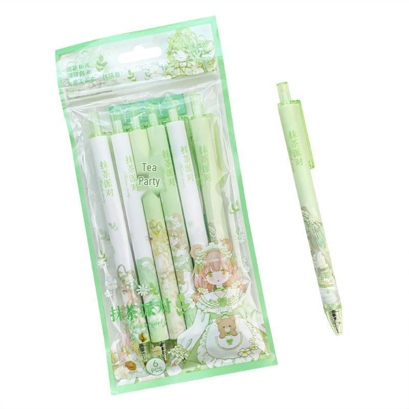 6-Pack Matcha Push-Type Quick-Dry ST Tip Black Gel Pens for Students
