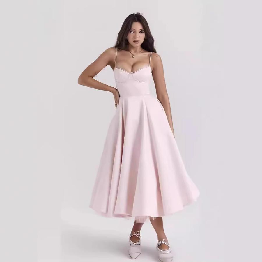 Sexy Women's Clothing New Style Strappy V-Neck Sleeveless Dress with Ruffles and Long Skirt