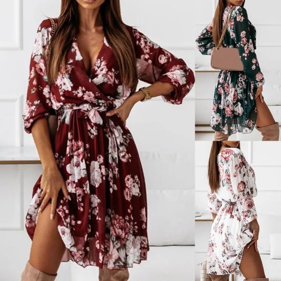 Pleated Flowy Hem Midi Dress Floral Print Sweet Elastic Waist V-Neck Casual