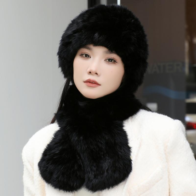 2024 New Winter Hat Women's Rabbit Hair Warm Ear Protection Pineapple Hat Dome Fashion Versatile Mom Hat Set