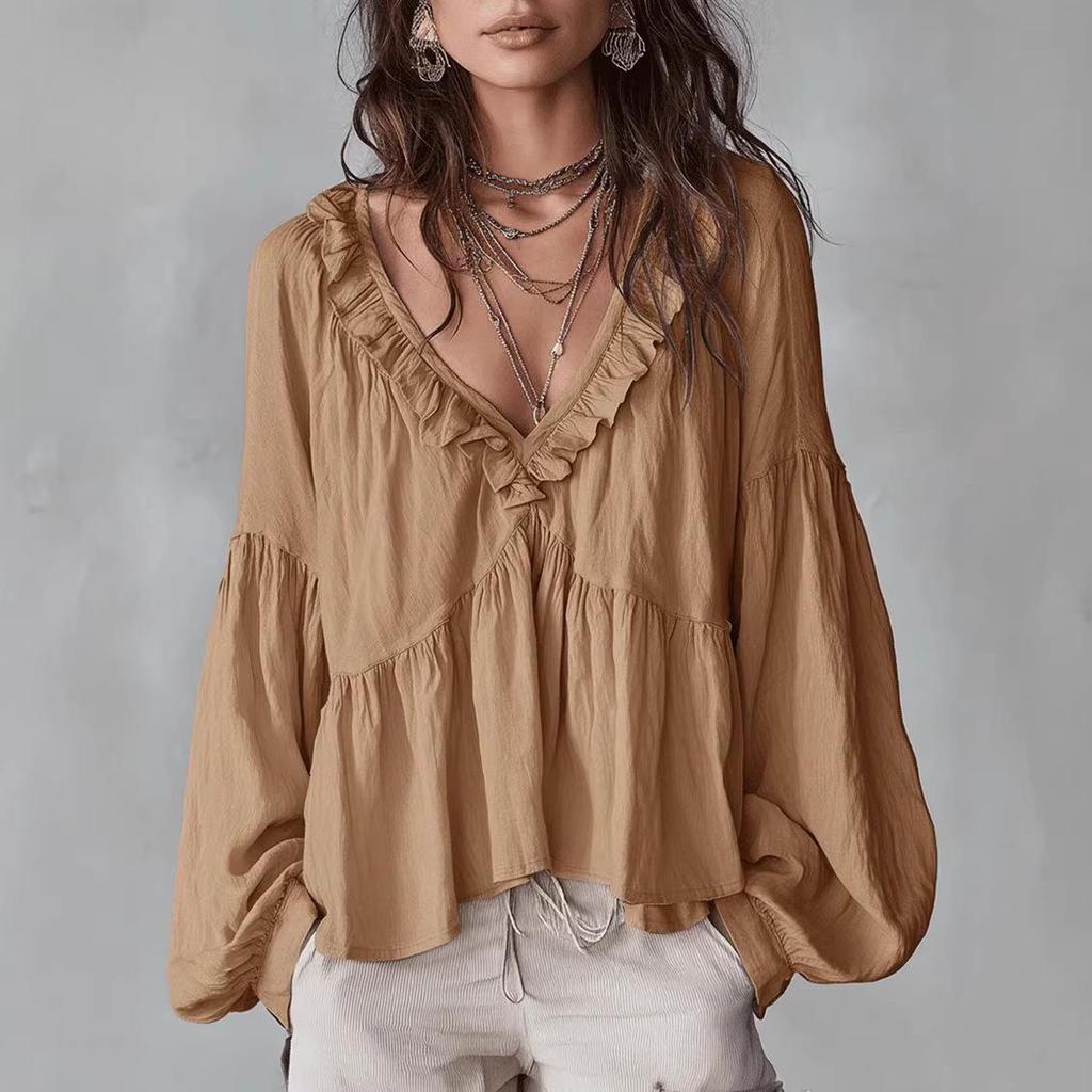 2026 Spring/Summer European & American Casual Ruffle Puff Sleeve Pleated Top