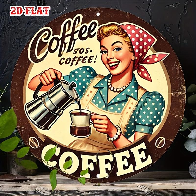 D Flat Pc Retro Round Aluminum Coffee Sign Coffee Coffee Coffee with Vintage Barista Illustration Rustic Wall Art Fo