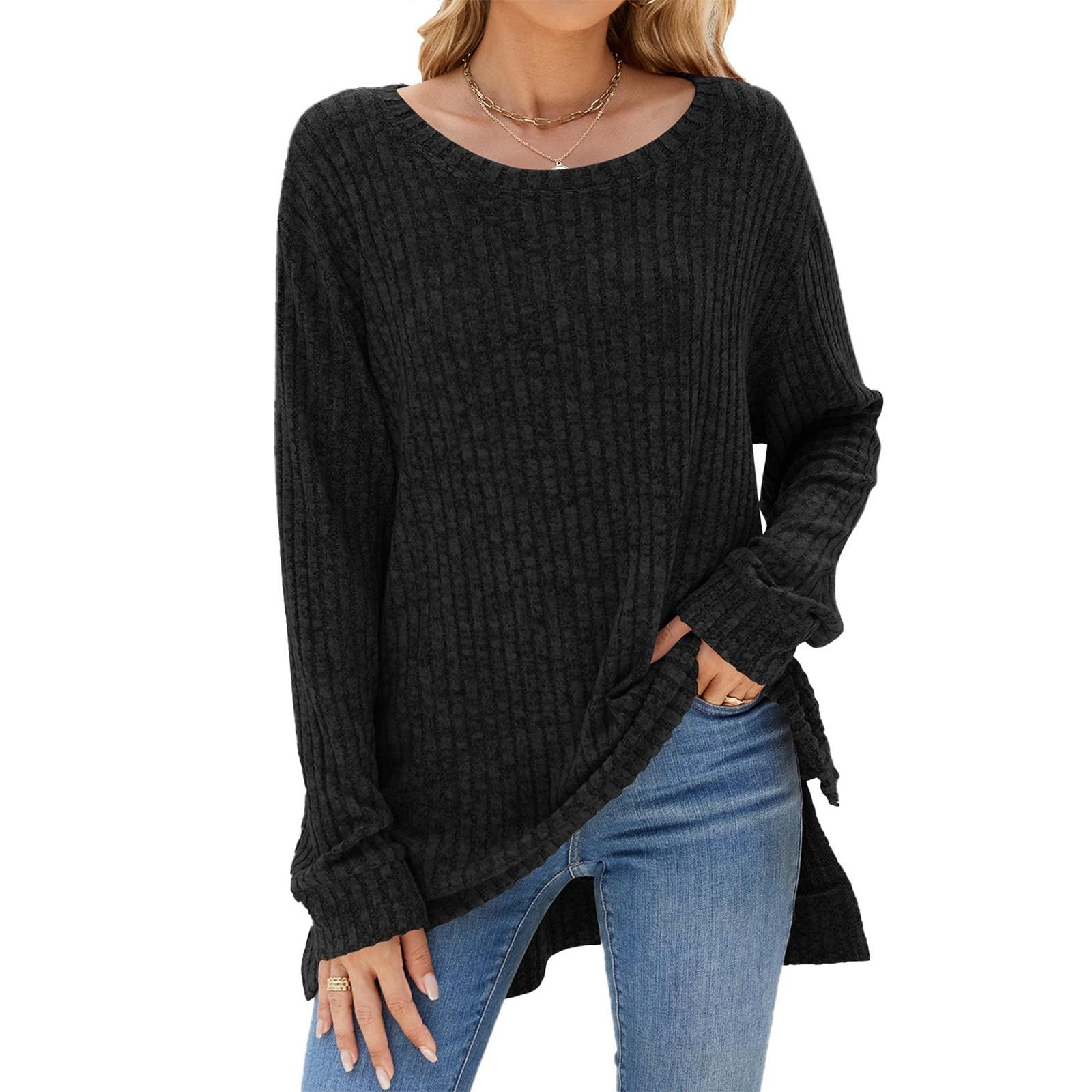 Women s Fashion Casual Color Hem Slit Round Neck Long Sleeve Pullover Top XL чёрный