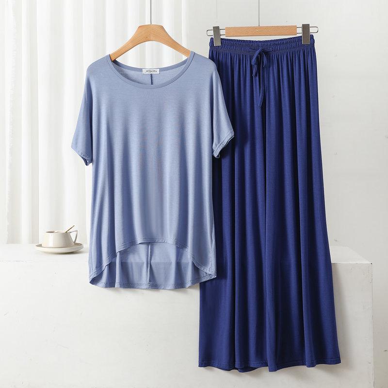 Damen Übergröße Freizeit-Pyjama-Set: Modal Rundhals Kurzarm Oberteil & Weitbeinige Hose