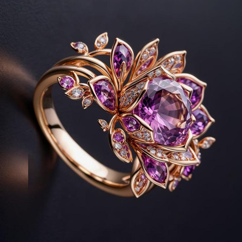 Vintage Gorgeous Pink Synthetic Zirconia Lotus Handmade Ring Women's Elegant Delicate Dating Engagement Jewelry Accessories Gift