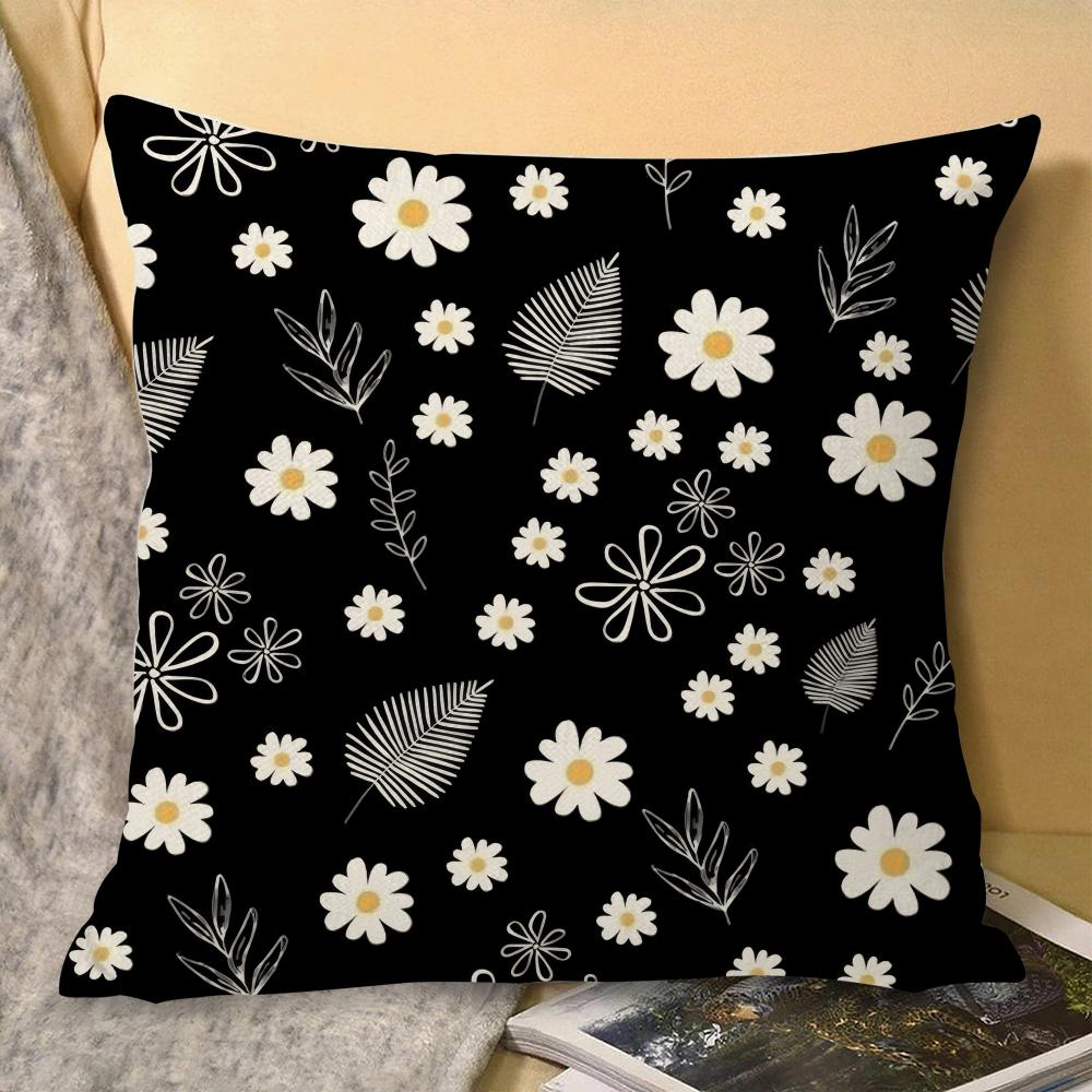 Black Daisy Cushion Cover Natural Linen Organic Fabric Double-Sided Printing Sofa Home Decor Gift Pillow Cover