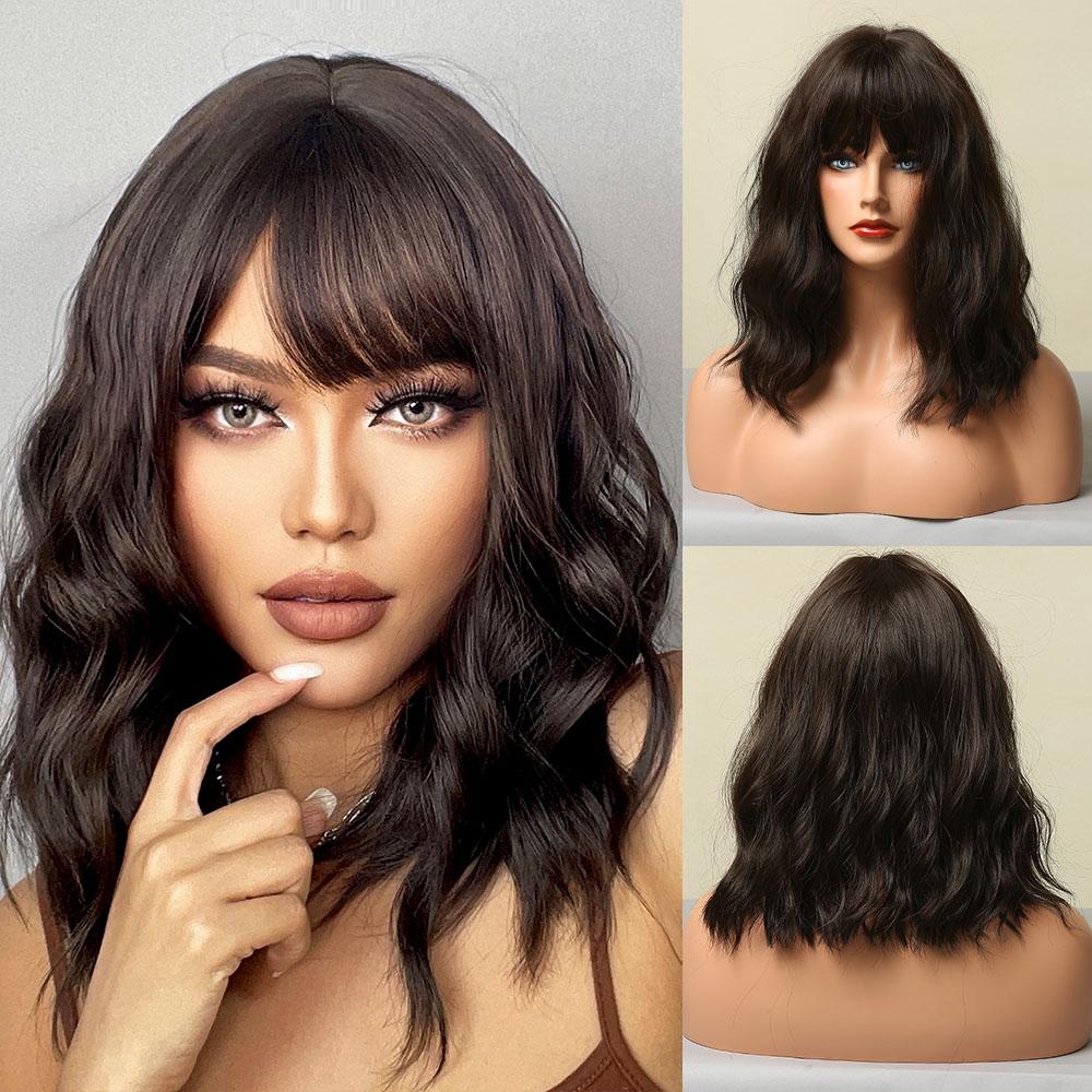 ALAN EATON Medium Long Water Wave Ombre Brown Blonde Synthetic Wigs Natural Middle Part Heat Resistant Hair Wigs for Black Women
