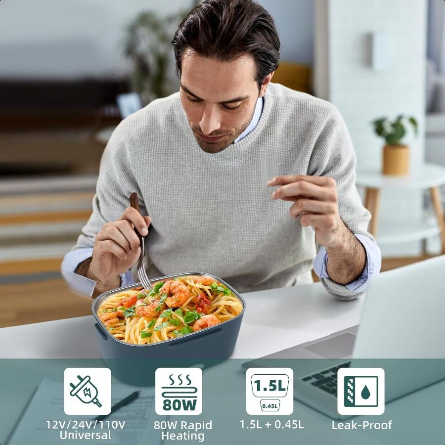 Electric Lunch Box Food Heater 80W Portable Warmer for Car Truck Work with 304 Stainl Steel Container 12V 24V 110V Green Heated