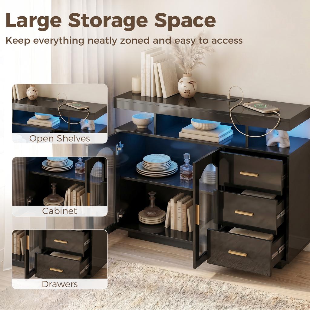 High Gloss Sideboard with LED Lights, Built-in Power Outlets, 3 Drawers, Shelves and 2 Acrylic Doors, Black