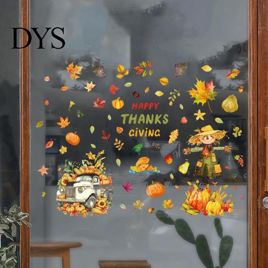Holiday Party Supplies 4 Sheets Autumn Harvest Static Window Stickers, Maple Leaves Pumpkins Scarecrow Pickup Truck Reusable Glass Stickers