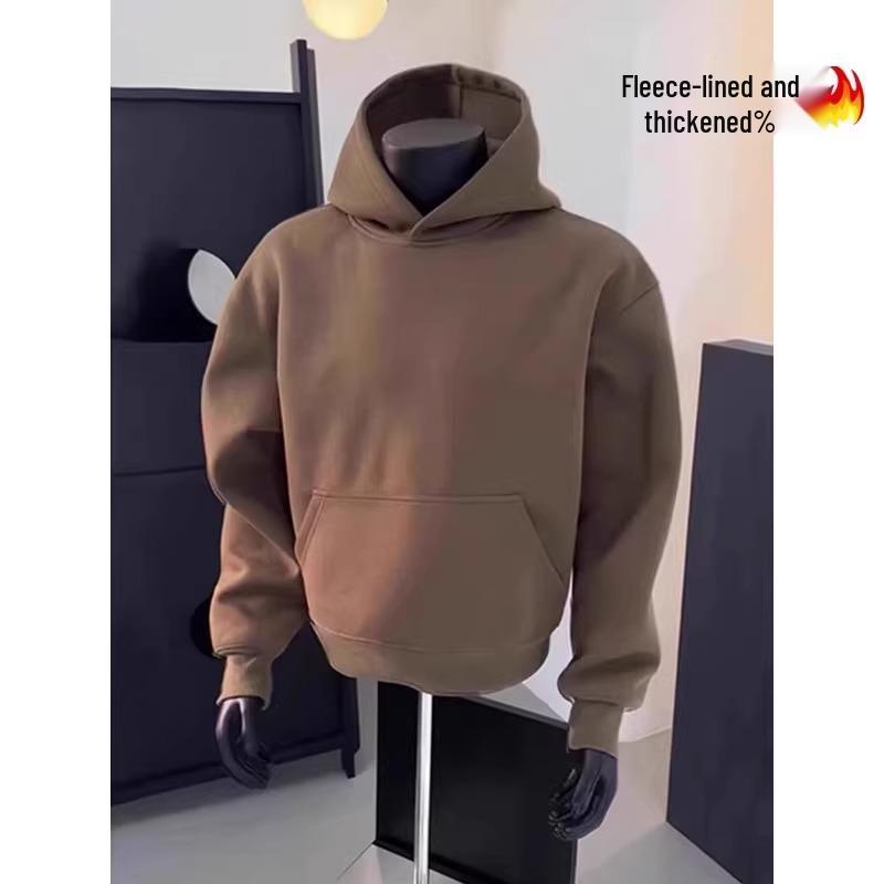 Men's Coffee-Colored Fleece-Lined Hooded Sweatshirt - Autumn/Winter 2025 Style, Thick Pullover Jacket, Loose Fit