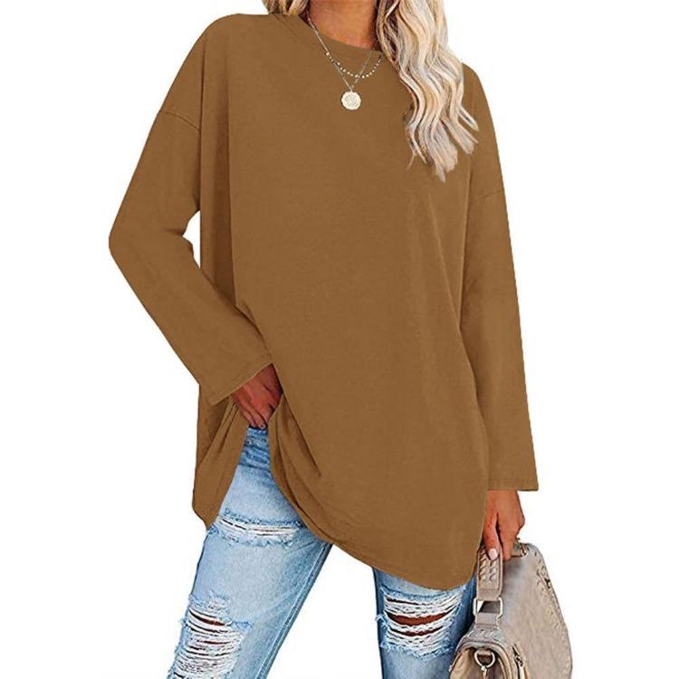 Women's Big Size Casual Long Sleeve Round Neck Solid Color T-Shirt Spring Autumn Plus Size Clothing