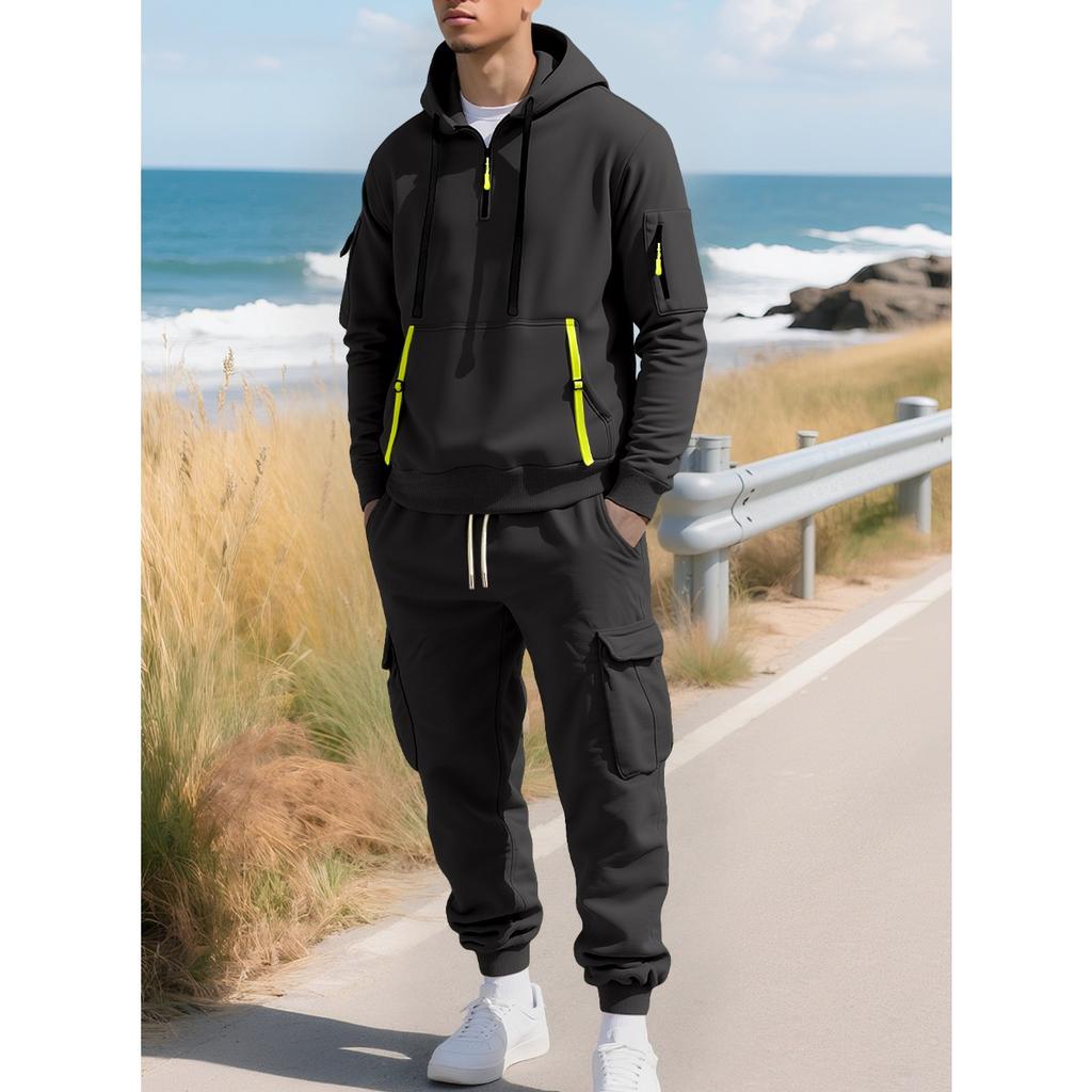 New, Autumn/Winter, Men's, Velvet Hoodie, Fashion, Hoodie, Zipper, Multi Pocket, Work Pants Set