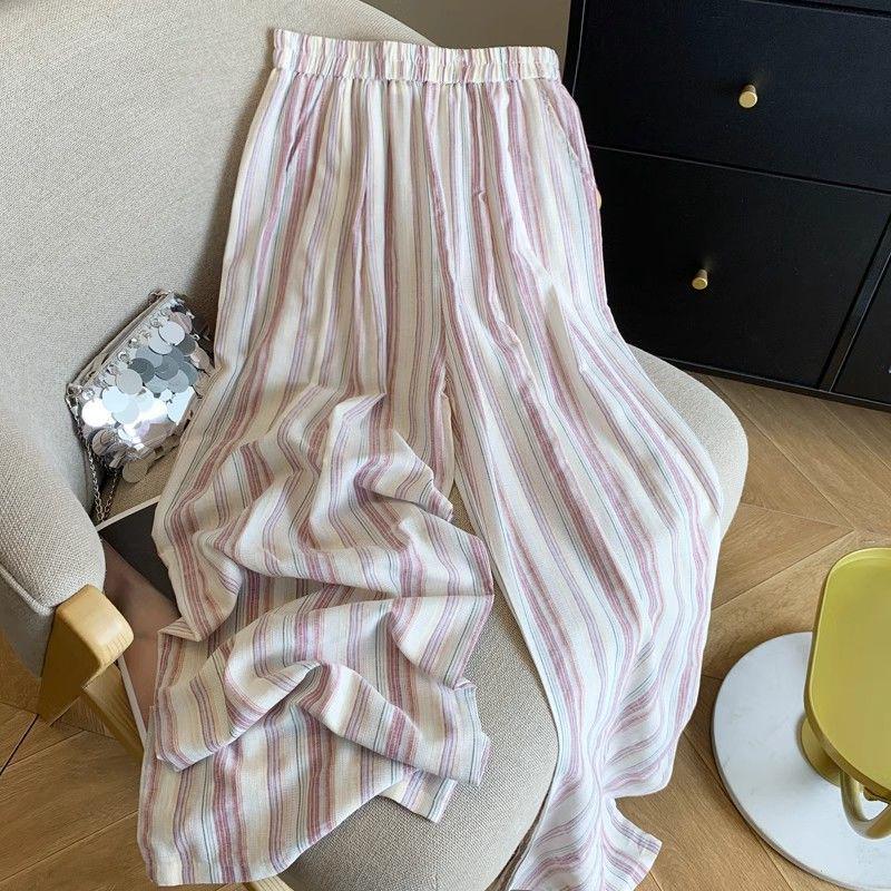 Plus Size Jin Striped Tie-Dye Wide-Leg Summer Pants - Loose, Slimming, Casual Style