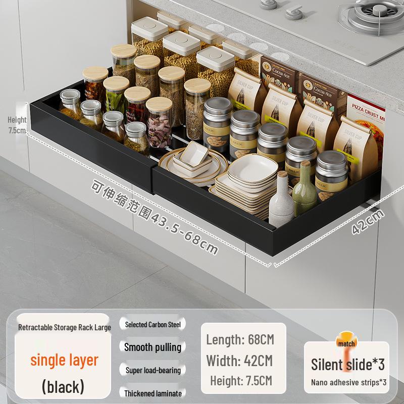 Retractable Kitchen Cabinet Pull-Out Storage Rack for Seasoning Jars and Bottles