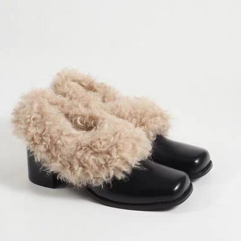 Fashion Women's Fashion Thick Heel Cotton Shoes Winter New Square Head Deep Mouth Leather Anti-slip Wear Woolen Shoes