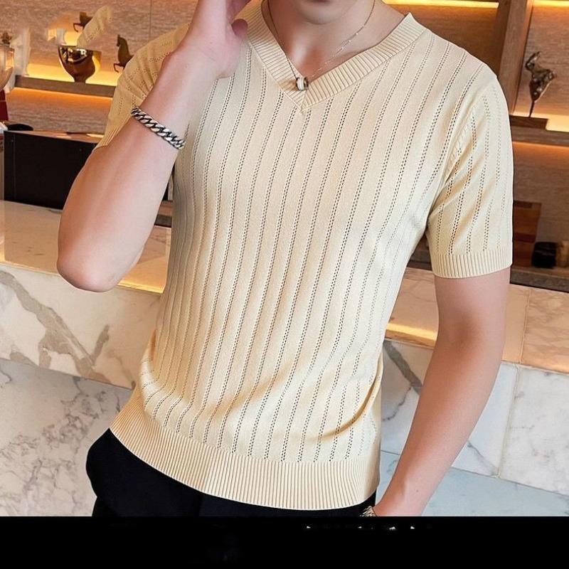 Trend Summer Solid Color V-neck Hollow Out Men's Casual Thin Ice Silk Fabric Fashion Short Sleeve Slim Knitted T-shirt Tops