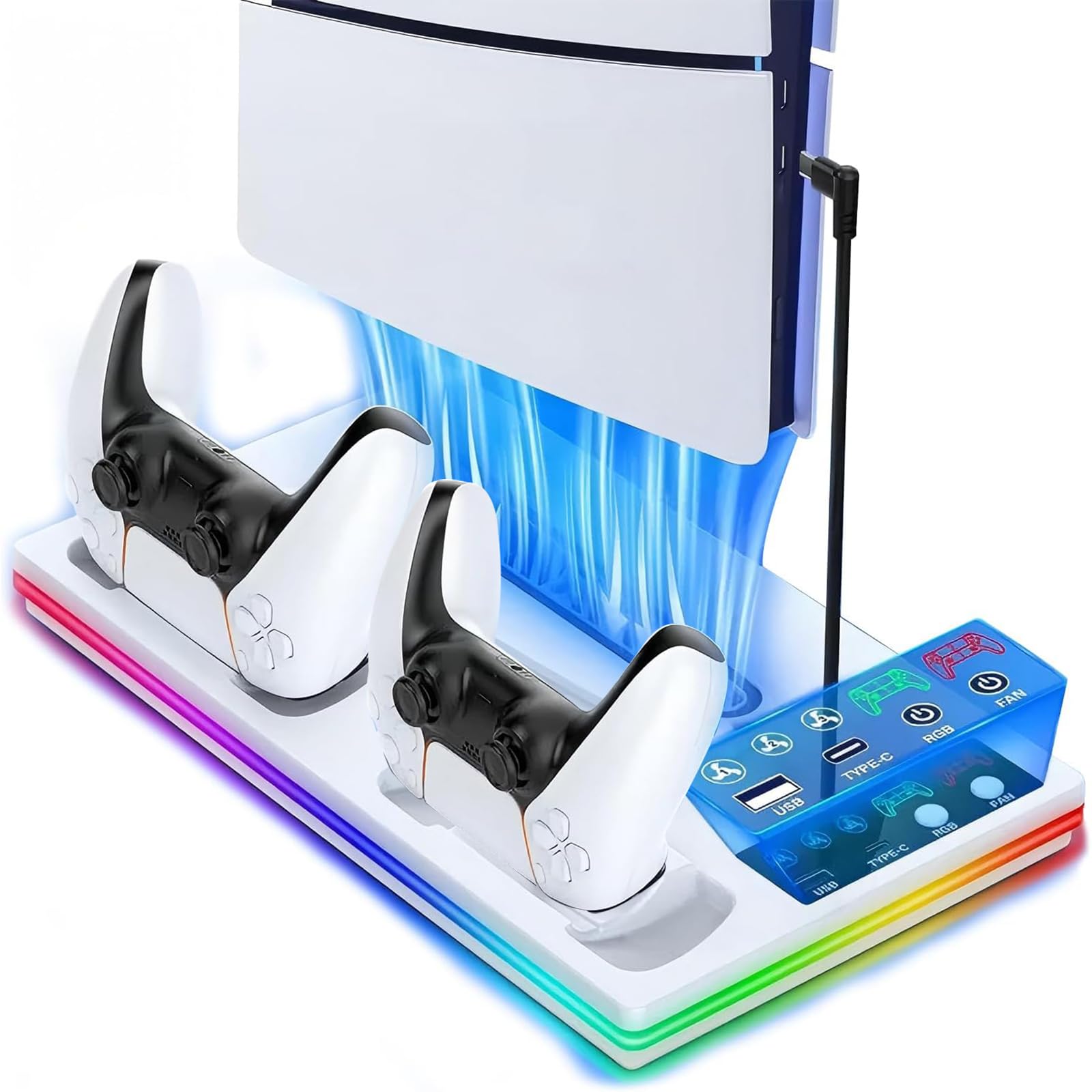 

Tomistan Вертикальна підставка для PS5 Slim з охолоджувальним вентилятором для швидкої 10 RGB світлодіодної підсвітки для заряджання тепла 3 вентилятори одночасна сумісна з версіями