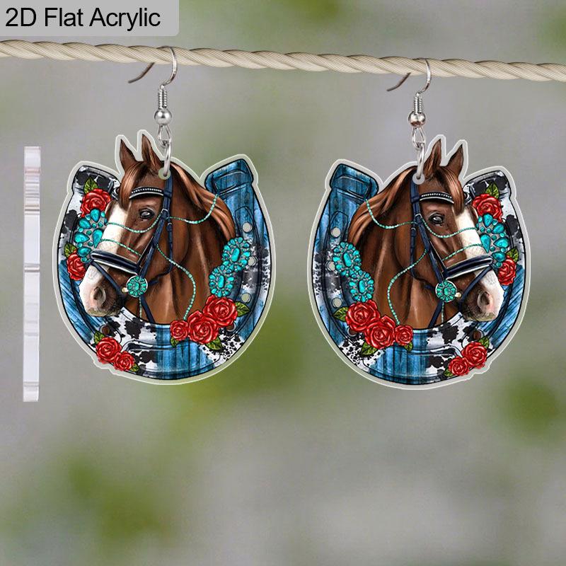 2D Flat Flower Horse Head Pattern Ear Jewelry Dangle Earring Daily Outfits Party Accessories Perfect Gift for Family/ Friends