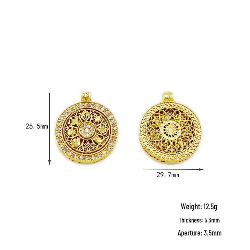 Ancient Method Rotatable Eight Treasures Luo Pan Pendant with Diamond Inlay - Modern Chinese Compass in Real Gold-Plated Brass