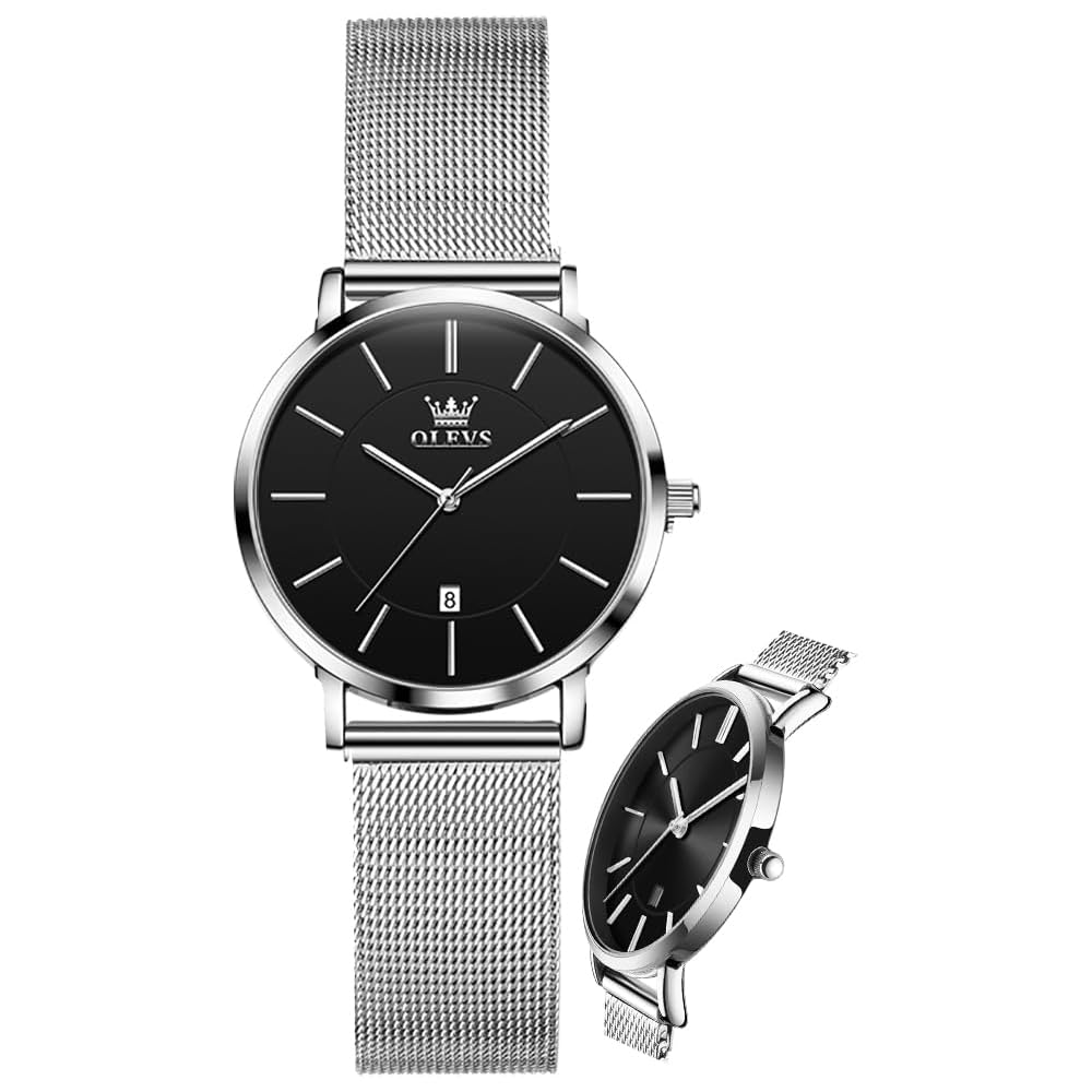 OLEVS Women s Minimalist Casual Watch Leather Band Waterproof Slim Analog Quartz with Date Calendar Silver Black Mesh Strap
