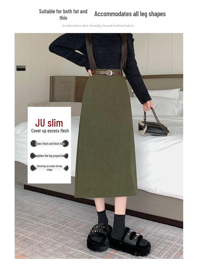 Women's High-Waist Corduroy Skirt: Retro Mid-Length with Spring/Autumn Slit & Hong Kong Style Drape.