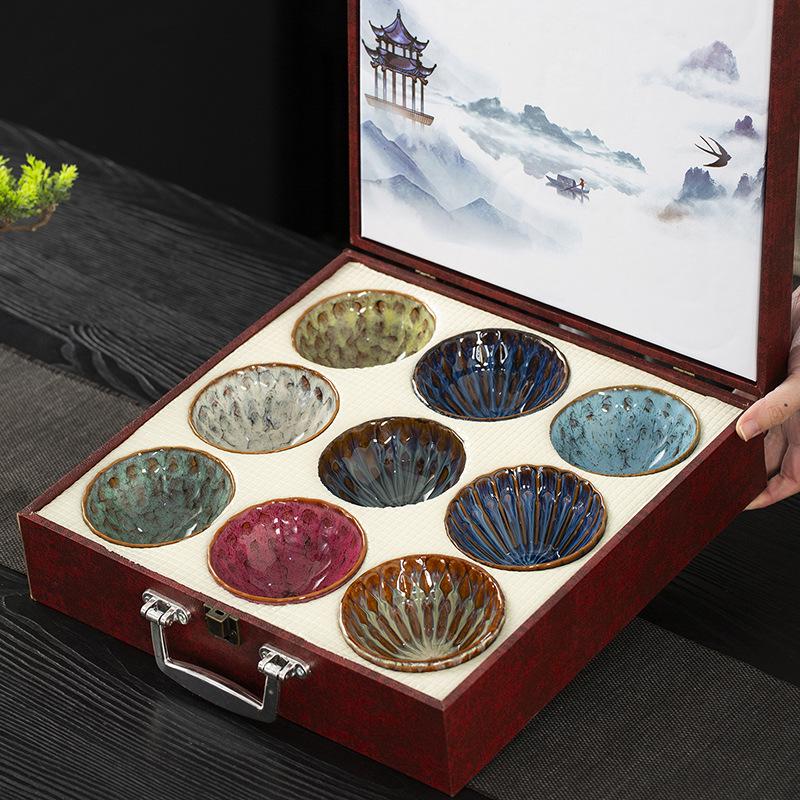 Kiln-Change Ceramic Tea Cup Set: Luxury Light Gift Box with Large Gongfu Tea Tasting Cups in Nine Colors