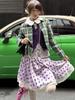 French Polka Dot Lace Patchwork Irregular Purple Midi Satin Skirt for Early Autumn