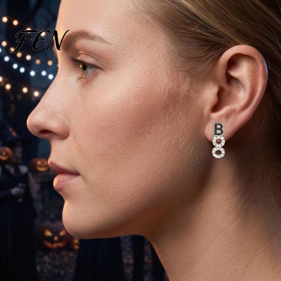 Sparkling Crystal Alloy Earrings 1 Pair Halloween BOO for Women, Sparkly Rhinestone Boo Elegant Drop Letter Stud Earrings, Holiday Costume Jewelry