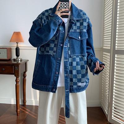 Men's Washed Denim Checkerboard Baseball Jacket 2023 - Retro Hong Kong Style