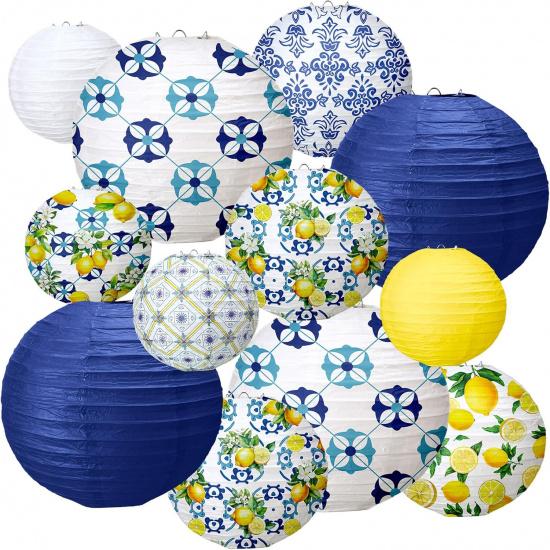 12 Pcs Paper Lantern Kit Amalfi Coast Capri Positano Lemon Party Supplies Summer Mediterranean Decorations Yellow Green White Lemon Pattern for Baby