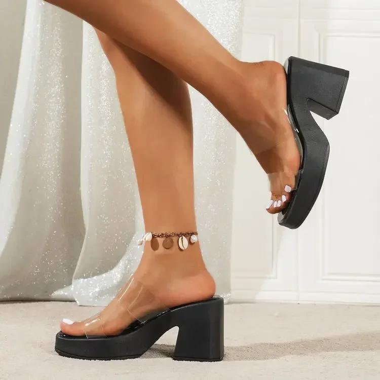 Damen High Heels Rutschfest Leichtgewichtige Sandalen mit eckiger Zehenpartie Damen Sexy Schuhe mit dicker Sohle Mode Übergröße Party Damen Hausschuhe