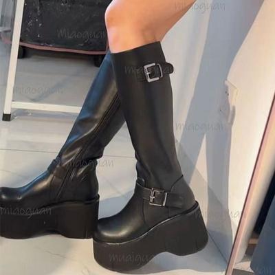 Black Thick Bottom Women's Platform Long Boots Side Zip Chunky Sole Knight Boots Faionable Buckle Straps Botas Altas Mujer 35-40