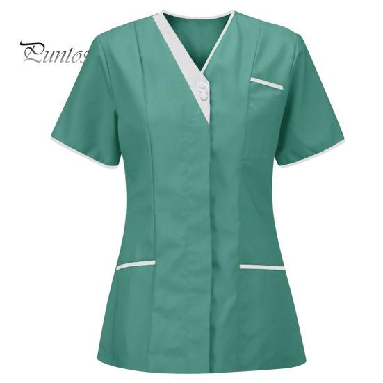 Contrasting Color Decoration Nurse Uniform Scrubs Tops Women V-neck Short Sleeve Pockets Design Overalls Uniforms Patchwork Nursing Working