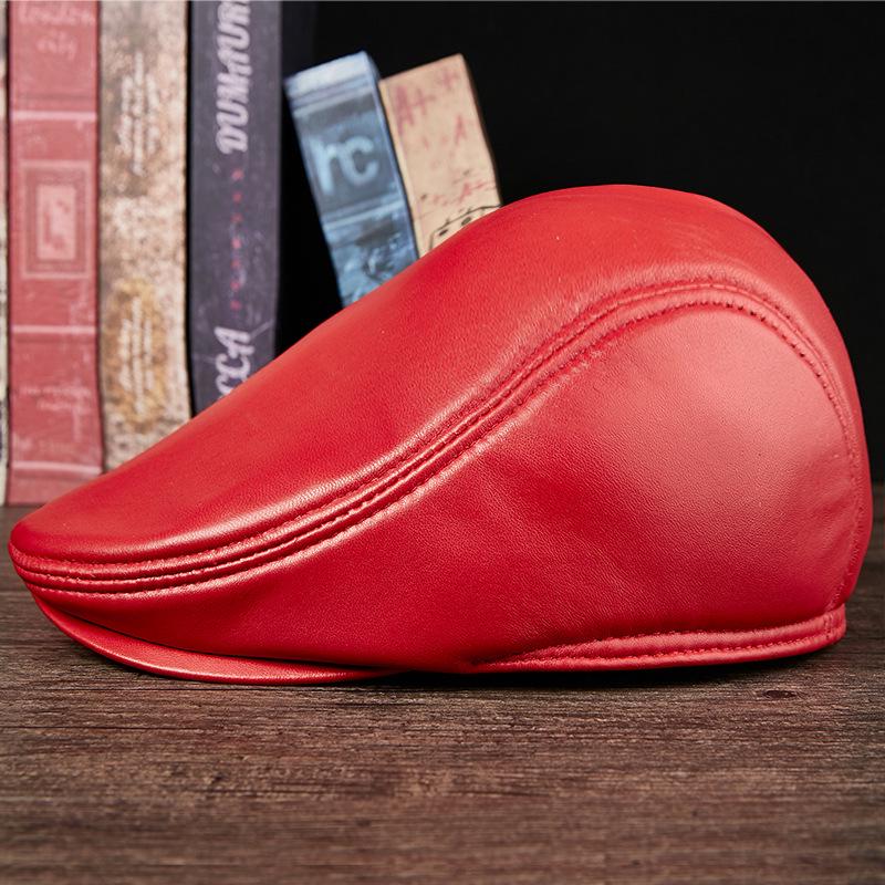 Unisex Dark Red Genuine Leather Sheepskin Flat Cap - Korean Style Warm Duckbill Cotton Hat for Autumn & Winter