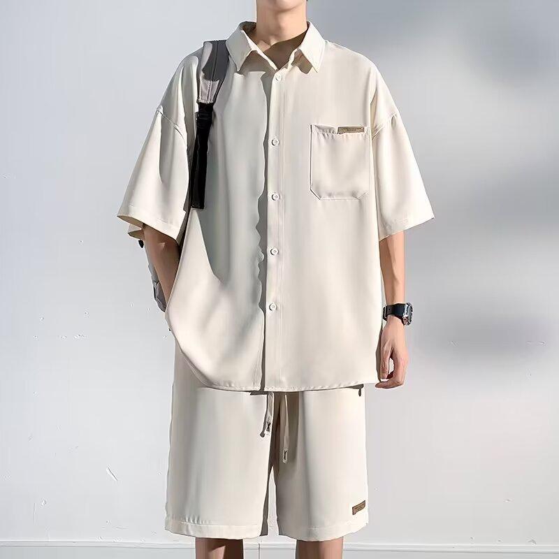 

Мужской летний повседневный костюм с коротким рукавом - однотонный, в японском стиле, модный, свободный крой, классный комплект одежды L абрикосовый