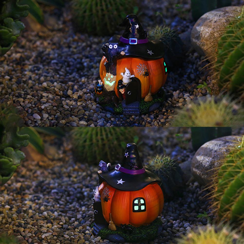 Halloween Witch Pumpkin House Figurine Luminous Resin Pumpkin Statue Crafts Desktop Ornament