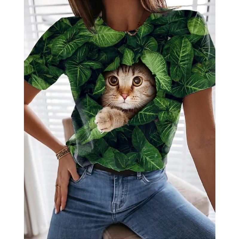 Summer 3D Printed Cat Casual Women's T-shirt with Cat Pattern Printed Round Neck Shirt