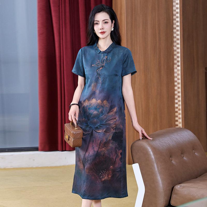 

ароматная облачная пряжа платье с короткими рукавами шелковое ципао юбка для среднего и пожилого возраста свободное большого размера платье длиной до колена 4XL темно-синий
