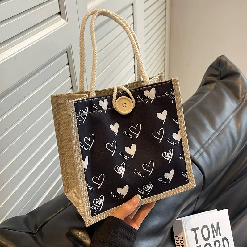 Bolsa de linho com zíper e botão Bolsa feminina Bolsa de compras de grande capacidade Bolsa de presente Organizador de praia Bolsa de compras portátil para almoço