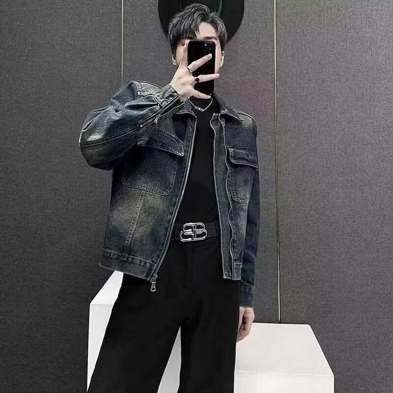 Men's Distressed Retro Slim-fit Denim Jacket - Casual Zipper Outerwear for Spring & Autumn.