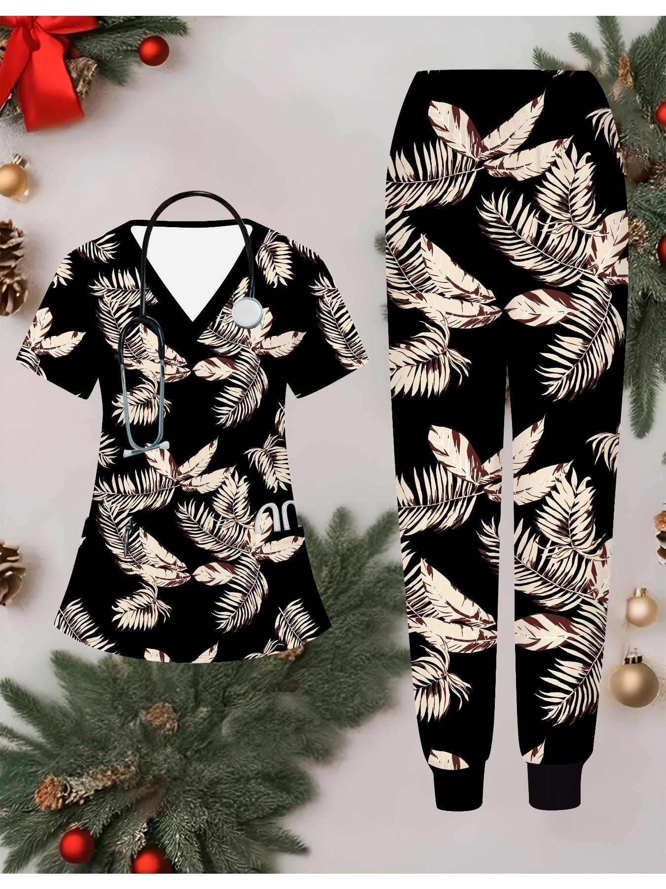 

Комплект женской формы медсестры с 3D-принтом листьев, с коротким рукавом и длинными брюками с карманом, повседневный, модный, рождественский подарок XXL серый