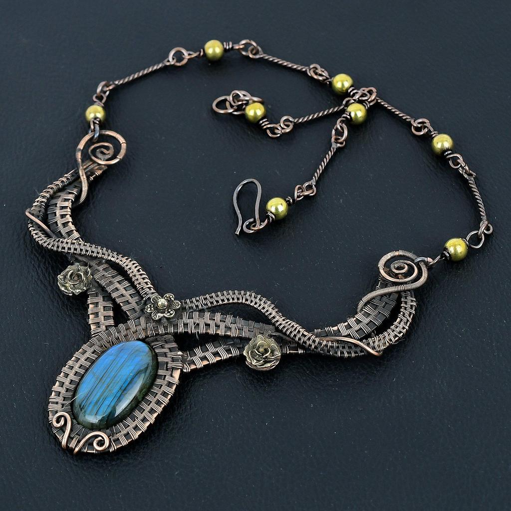 Labradorite Necklace Handmade Jewelry, 999 Copper Wire Wrapped Necklace Designer Gemstone Jewelry Adjustable Chain Necklace Gift For Mom