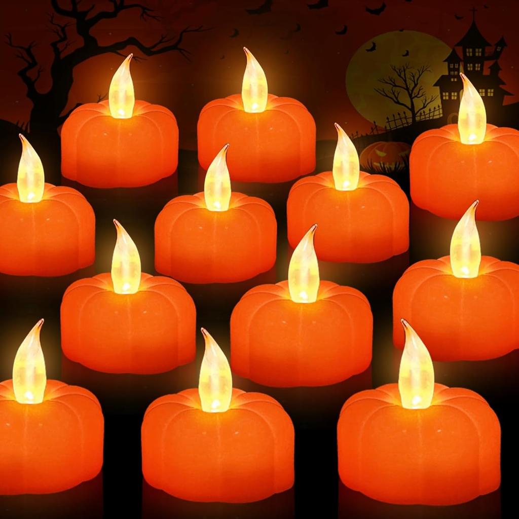 Fall Decorations for Home Halloween Pumpkin Tea Lights, 12 Pack LED Orange Pumpkin Lights Flame Less Candles Battery Operated Flickering Tealights