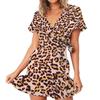 Summer V-neck Printed Short-sleeved Skirt, Lace-up Ruffled Dress, Fashionable, Sexy, Elegant and Generous Ladies Long Skirt