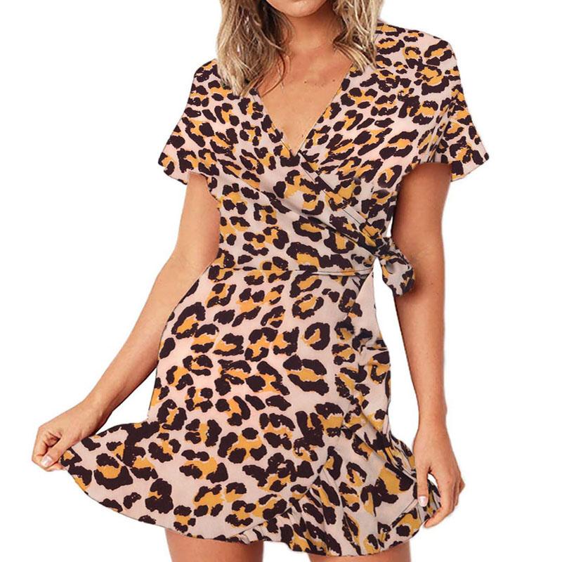 Summer V-neck Printed Short-sleeved Skirt, Lace-up Ruffled Dress, Fashionable, Sexy, Elegant and Generous Ladies Long Skirt
